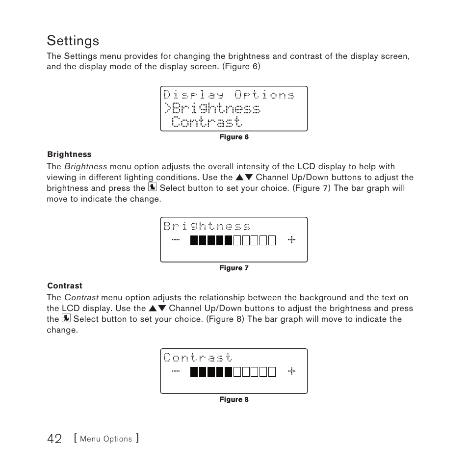 Settings, Brightness contrast | Sirius Satellite Radio Plug-n-Play User Manual | Page 44 / 60