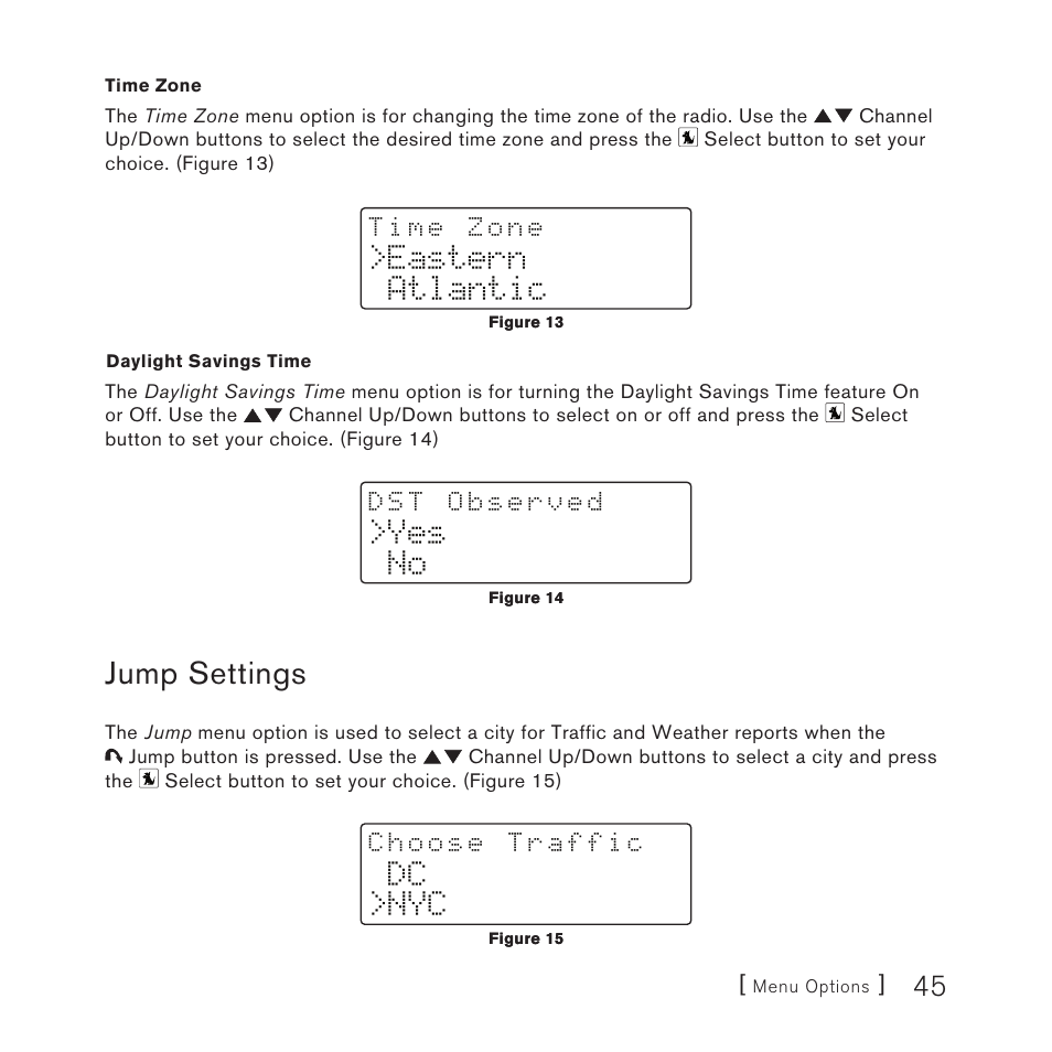 Jump settings, Eastern atlantic, Yes no | Dc >nyc | Sirius Satellite Radio Plug-n-Play User Manual | Page 47 / 60