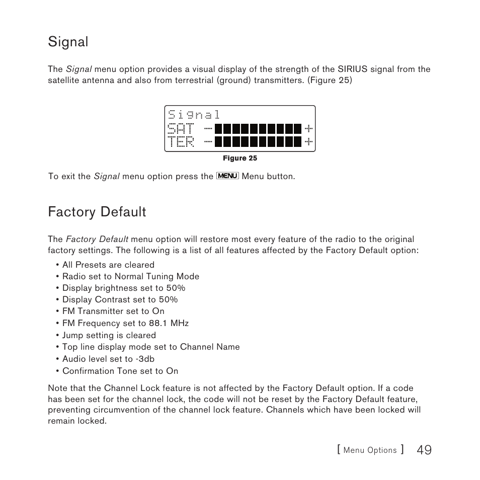 Signal, Factory default, Sat - + ter | Sirius Satellite Radio Plug-n-Play User Manual | Page 51 / 60