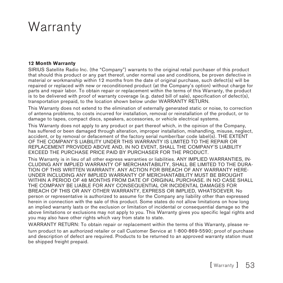 Warranty | Sirius Satellite Radio Plug-n-Play User Manual | Page 55 / 60