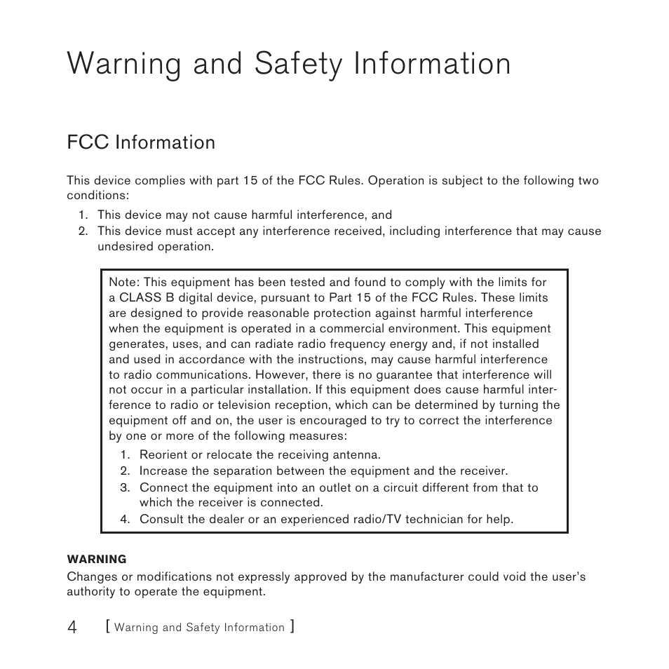 Warning and safety information, Fcc information | Sirius Satellite Radio Plug-n-Play User Manual | Page 6 / 60