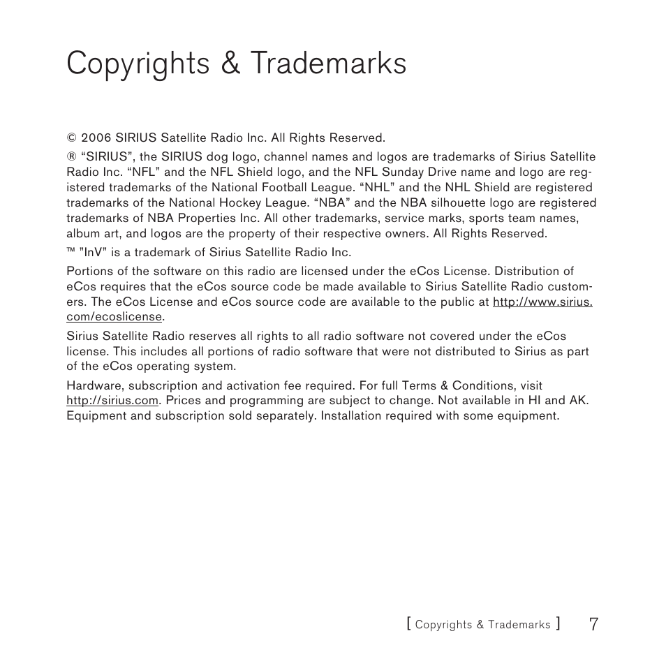 Copyrights & trademarks | Sirius Satellite Radio Plug-n-Play User Manual | Page 9 / 60