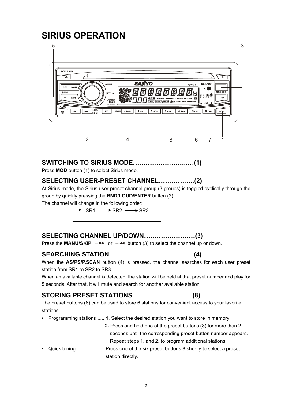 Sirius operation, Switching to sirius mode……………………..…(1), Selecting user-preset channel……………..(2) | Selecting channel up/down……………………(3), Searching station…………………………….……(4) | Sirius Satellite Radio ECD-T1540 User Manual | Page 2 / 28