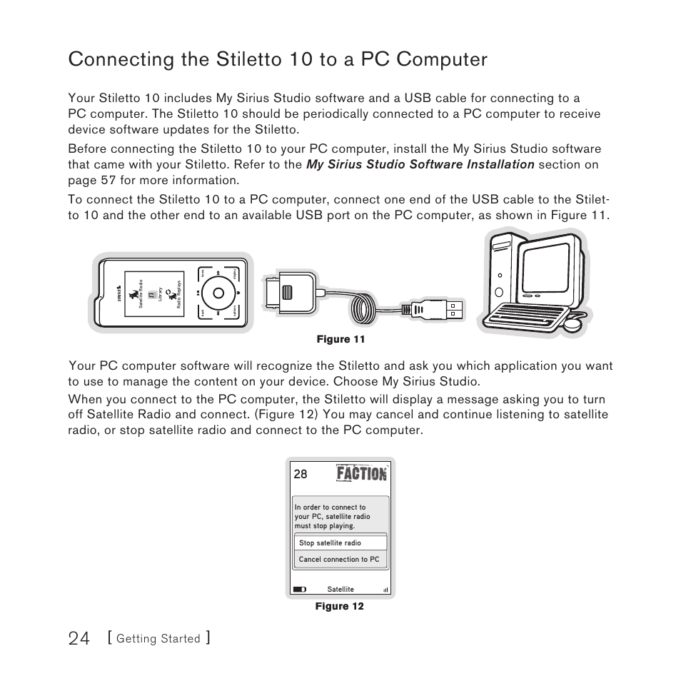 Connecting the stiletto 10 to a pc computer, Getting started | Sirius Satellite Radio STILETTO 10 100306B User Manual | Page 26 / 80