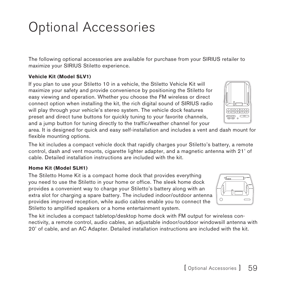 Optional accessories, Vehicle kit (model slv1), Home kit (model slh1) | Sirius Satellite Radio STILETTO 10 100306B User Manual | Page 61 / 80