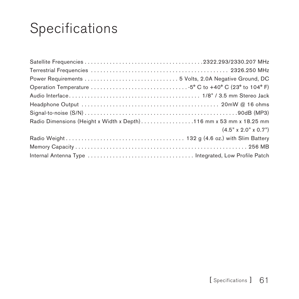 Specifications | Sirius Satellite Radio STILETTO 10 100306B User Manual | Page 63 / 80