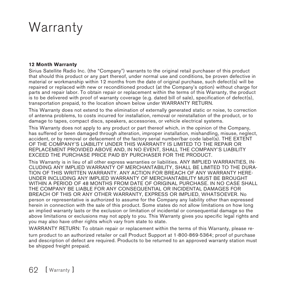 Warranty | Sirius Satellite Radio STILETTO 10 100306B User Manual | Page 64 / 80