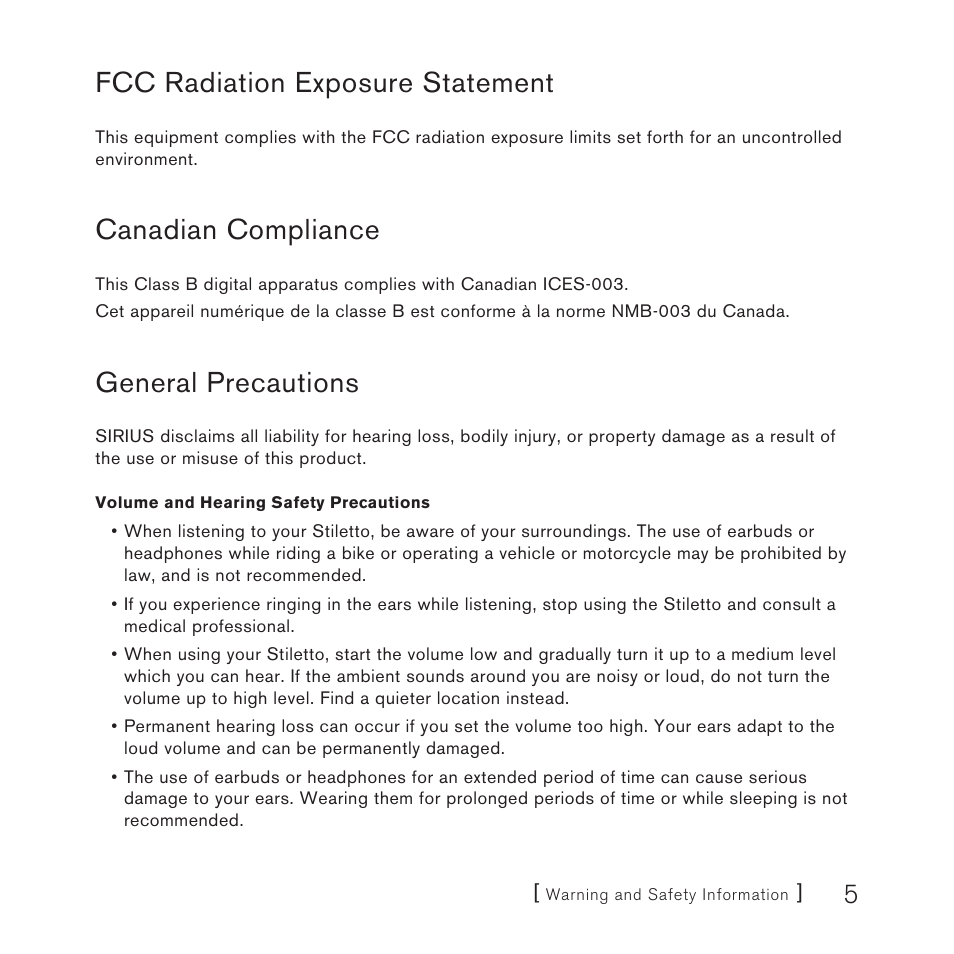 Fcc radiation exposure statement, Canadian compliance, General precautions | Sirius Satellite Radio STILETTO 10 100306B User Manual | Page 7 / 80