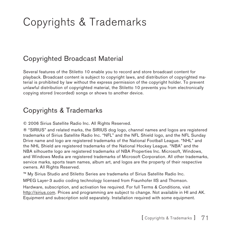 Copyrights & trademarks, Copyrighted broadcast material | Sirius Satellite Radio STILETTO 10 100306B User Manual | Page 73 / 80