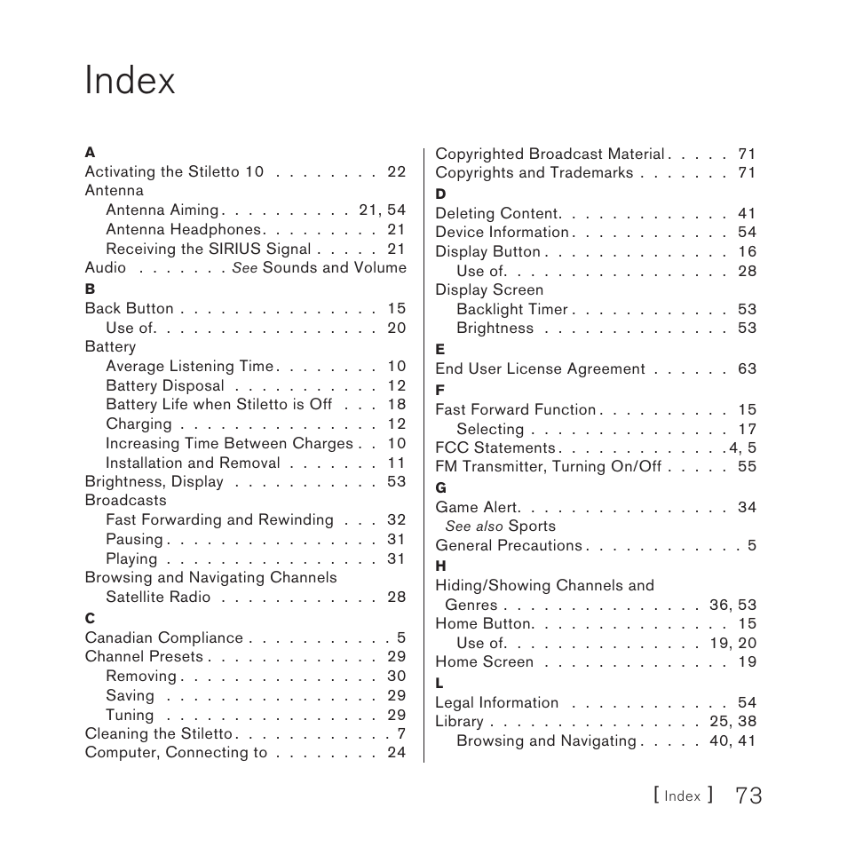 Index | Sirius Satellite Radio STILETTO 10 100306B User Manual | Page 75 / 80