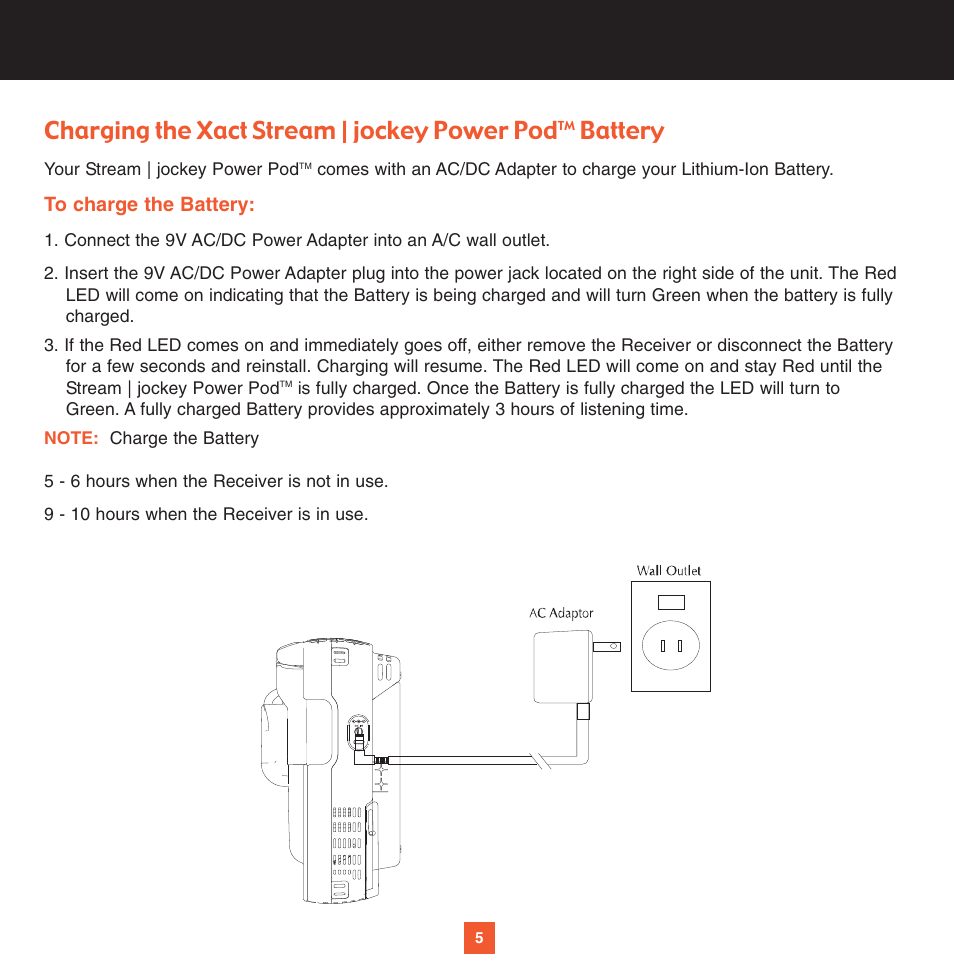 Charging the xact stream | jockey power pod, Battery | Sirius Satellite Radio XS028 User Manual | Page 10 / 20