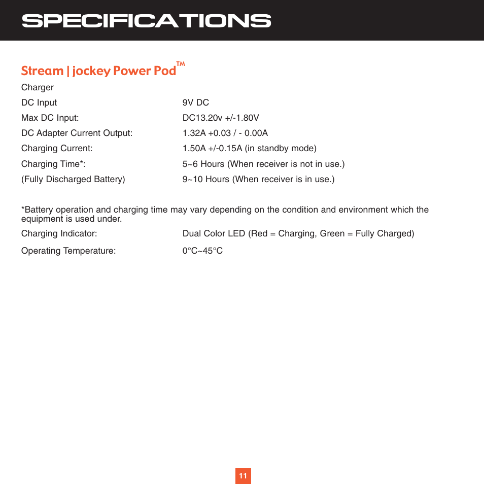 Specifications, Stream | jockey power pod | Sirius Satellite Radio XS028 User Manual | Page 16 / 20