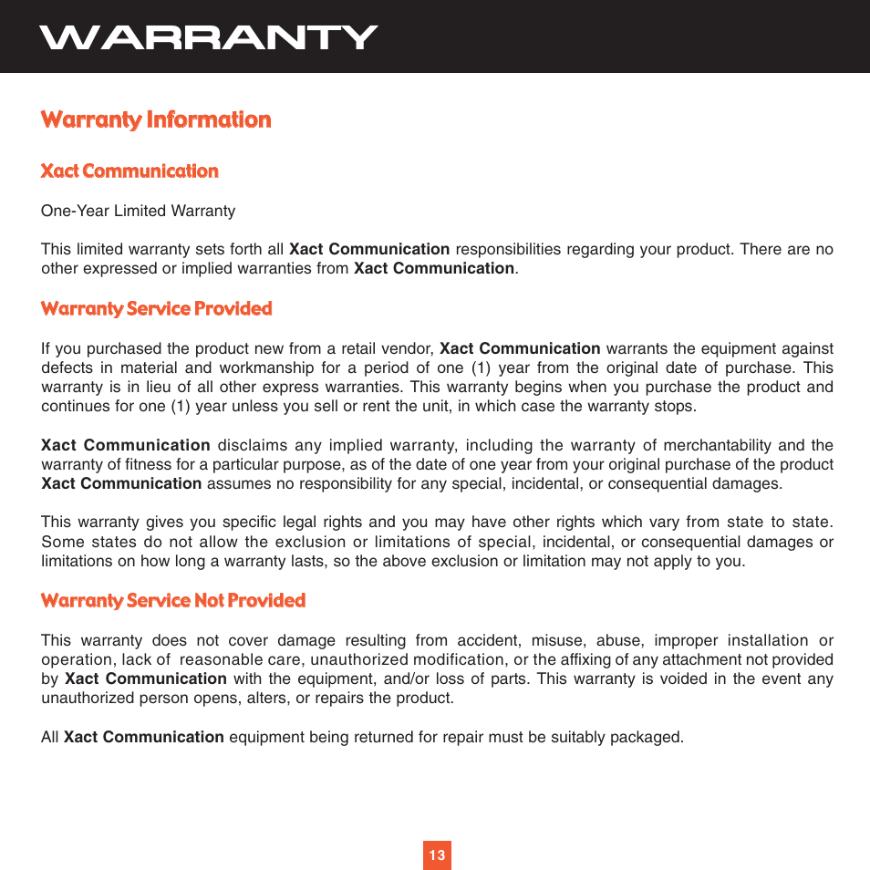 Warranty | Sirius Satellite Radio XS028 User Manual | Page 18 / 20