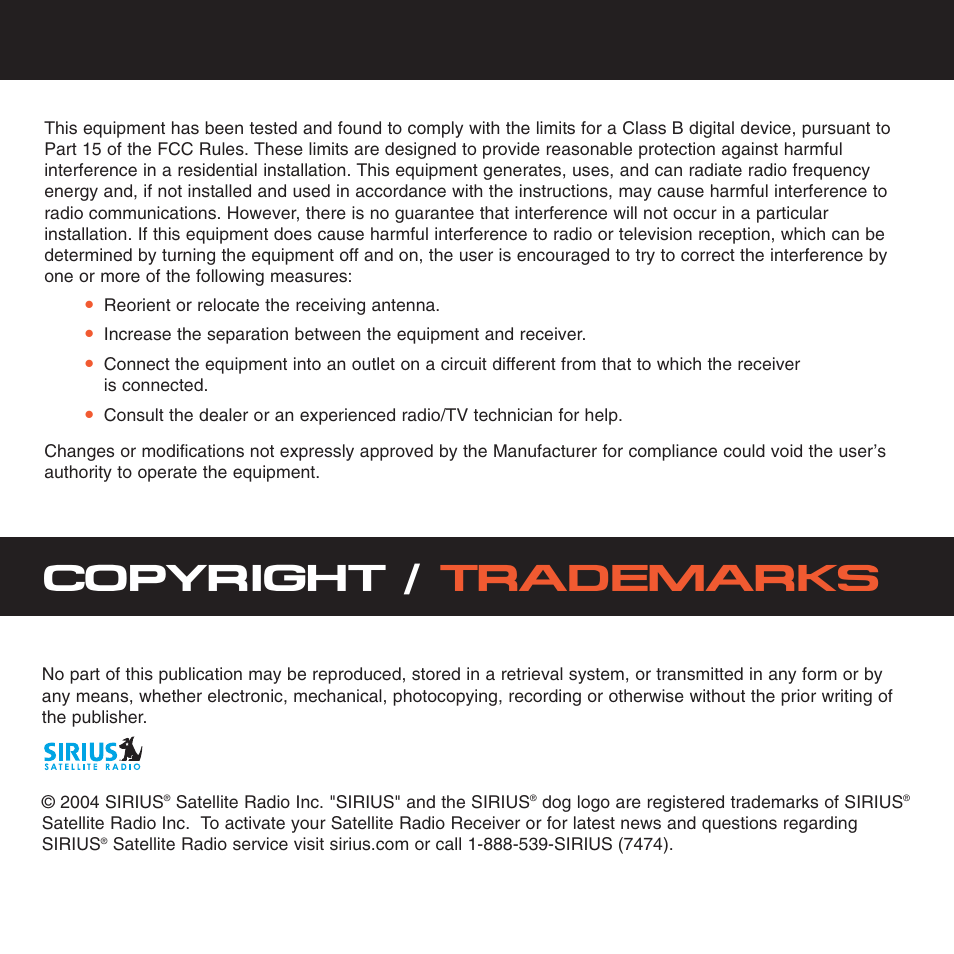 Copyright / trademarks | Sirius Satellite Radio XS028 User Manual | Page 3 / 20