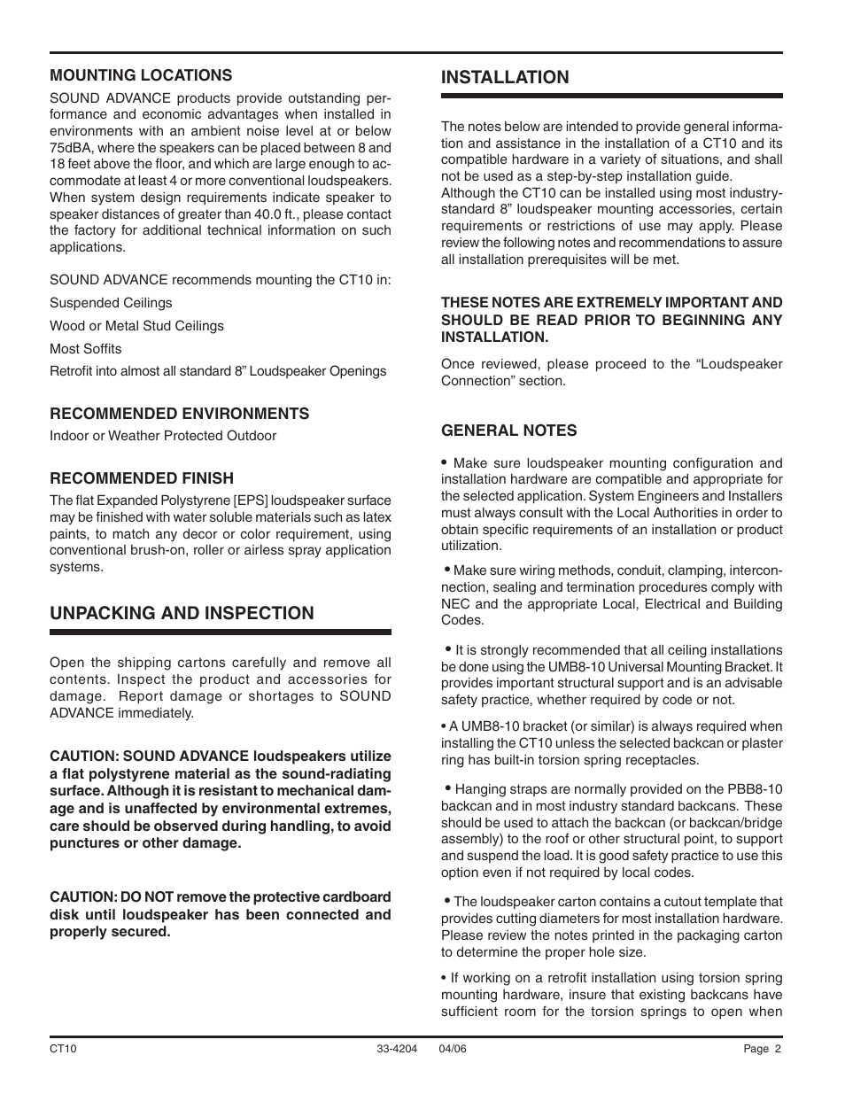 Unpacking and inspection, Installation | Sound Tech CT10 User Manual | Page 2 / 4