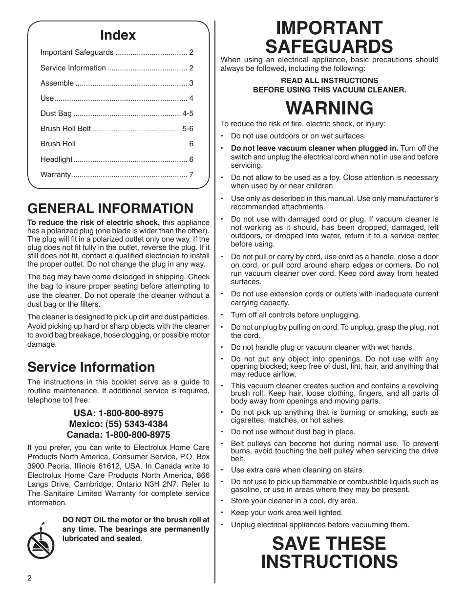 Important safeguards, Warning, Save these instructions | Index, General information, Service information | Sanitaire S634 User Manual | Page 2 / 7