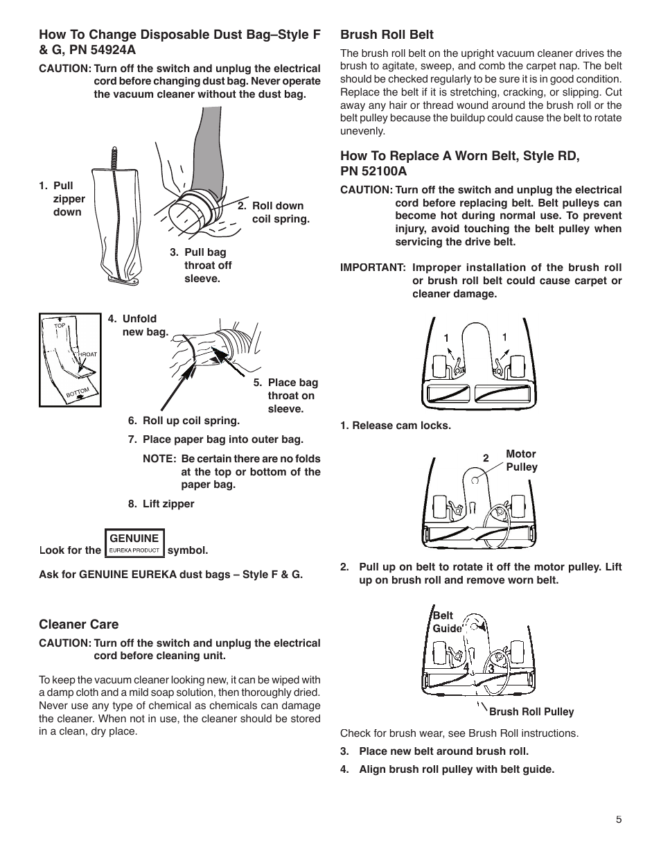 Cleaner care, Brush roll belt | Sanitaire S634 User Manual | Page 5 / 7