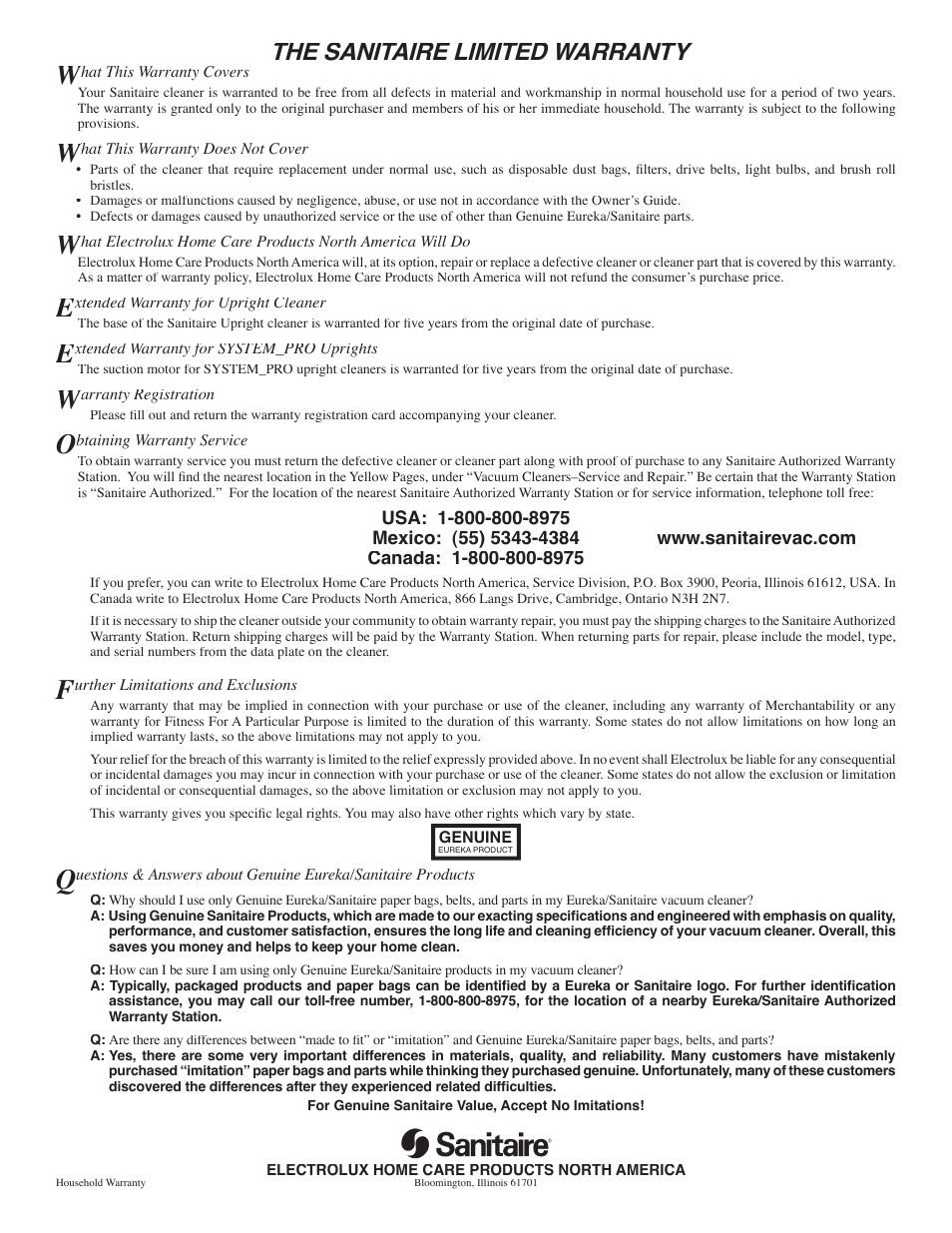 The sanitaire limited warranty | Sanitaire S634 User Manual | Page 7 / 7