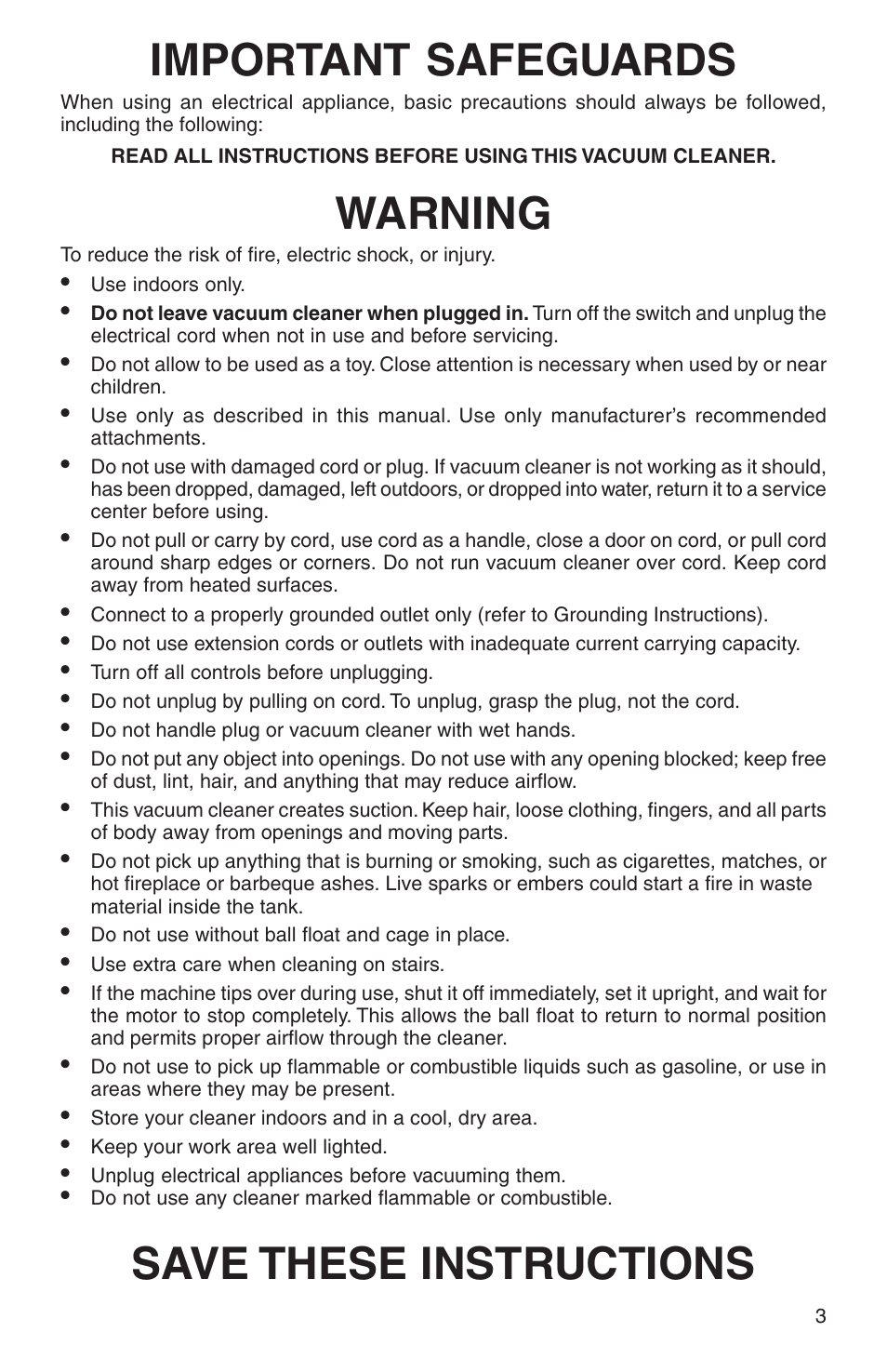 Important safeguards, Warning, Save these instructions | Sanitaire SC6070 Series User Manual | Page 3 / 16