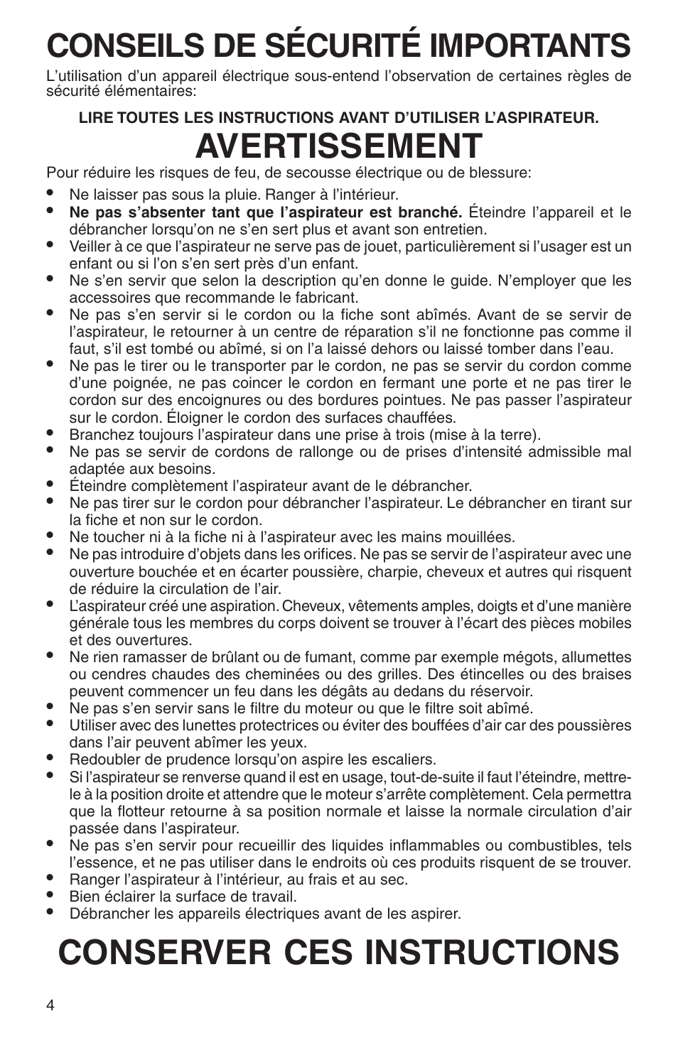 Avertissement, Conserver ces instructions, Conseils de sécurité importants | Sanitaire SC6070 Series User Manual | Page 4 / 16