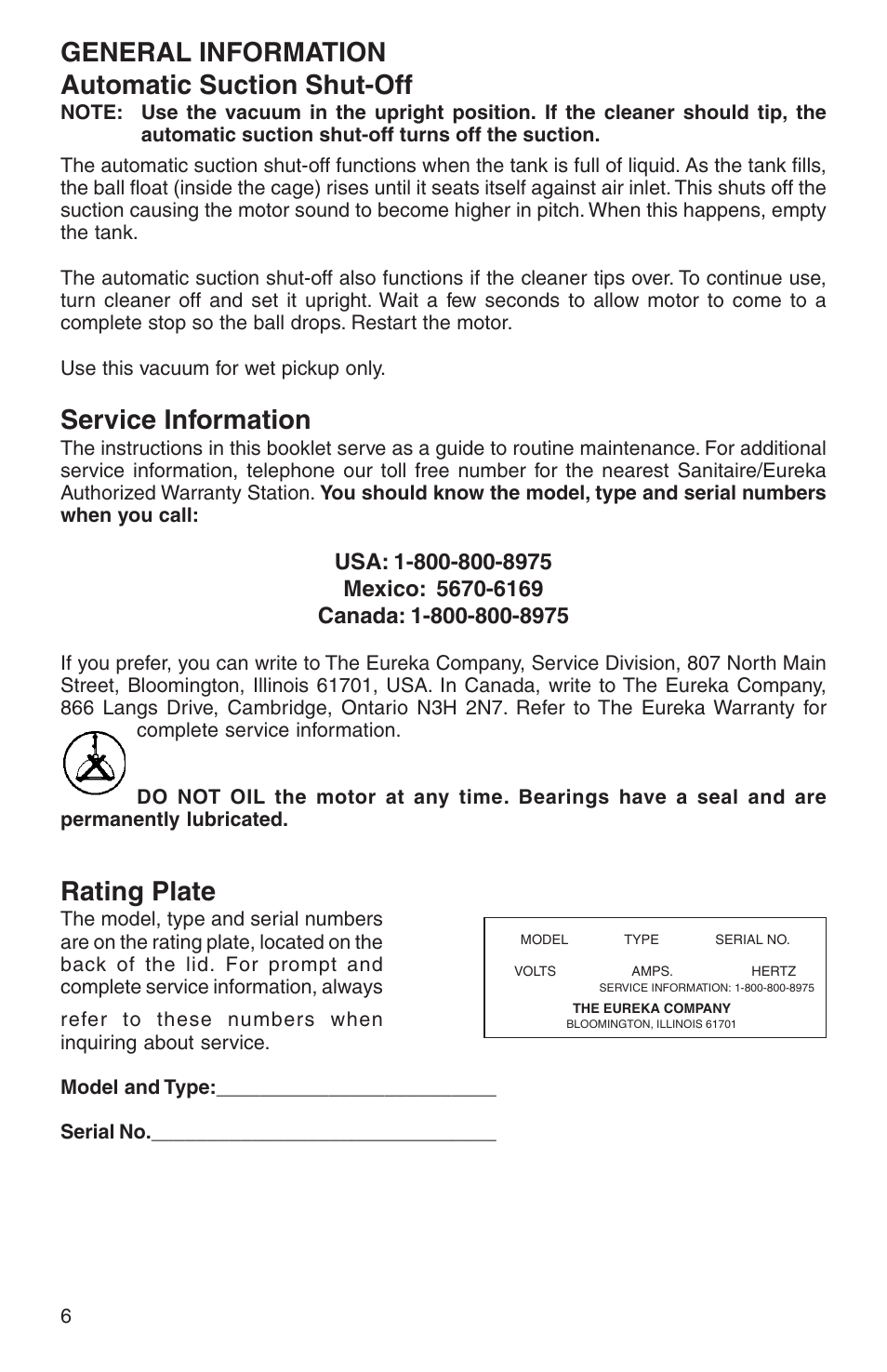 General information automatic suction shut-off, Service information, Rating plate | Sanitaire SC6070 Series User Manual | Page 6 / 16