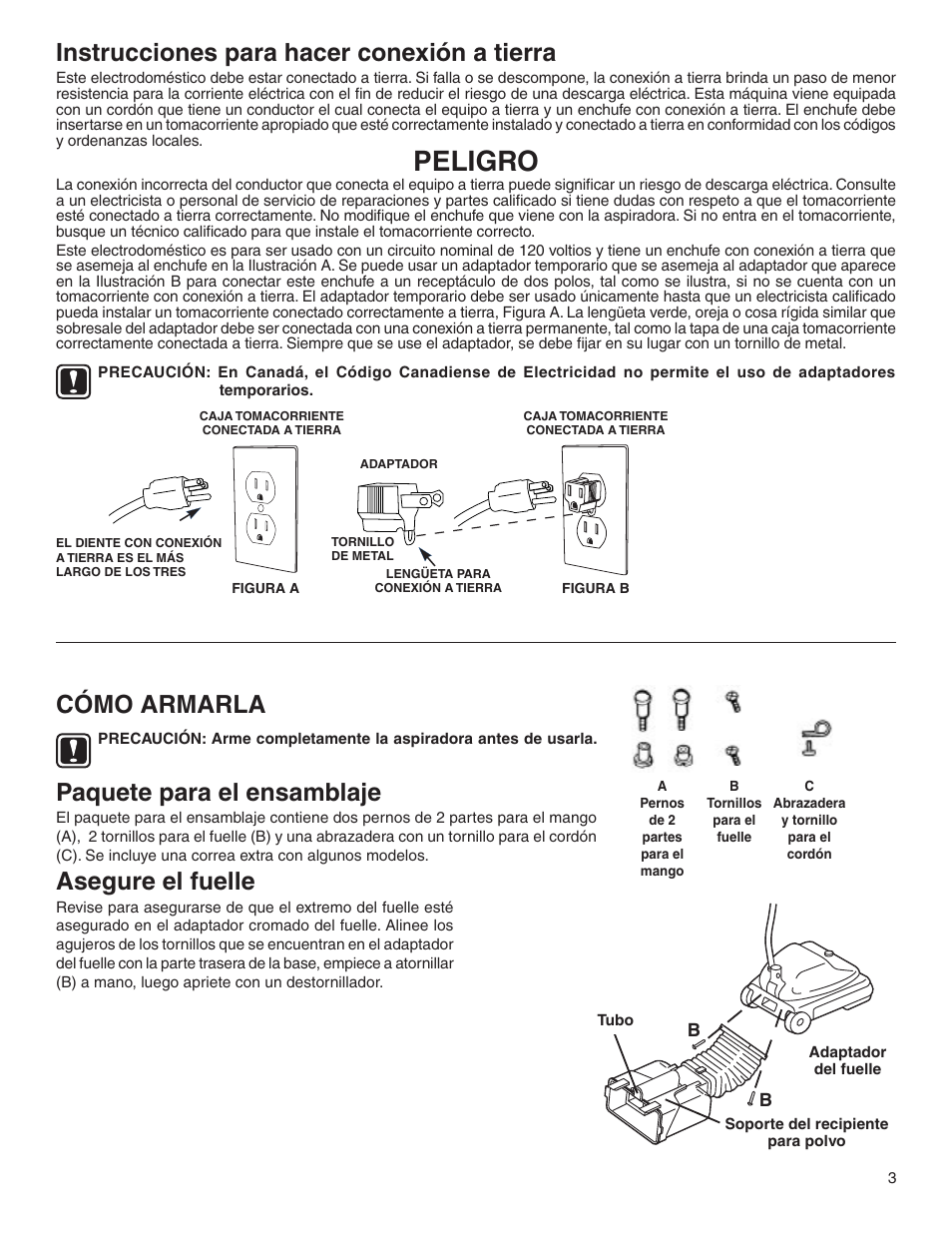 Peligro, Instrucciones para hacer conexión a tierra, Cómo armarla | Paquete para el ensamblaje, Asegure el fuelle | Sanitaire 880 User Manual | Page 11 / 24