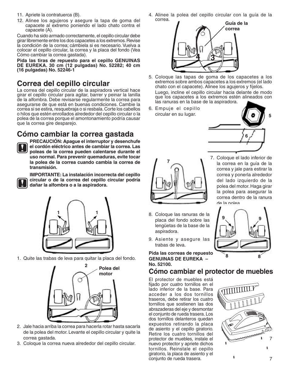 Correa del cepillo circular, Cómo cambiar la correa gastada, Cómo cambiar el protector de muebles | Sanitaire 880 User Manual | Page 15 / 24