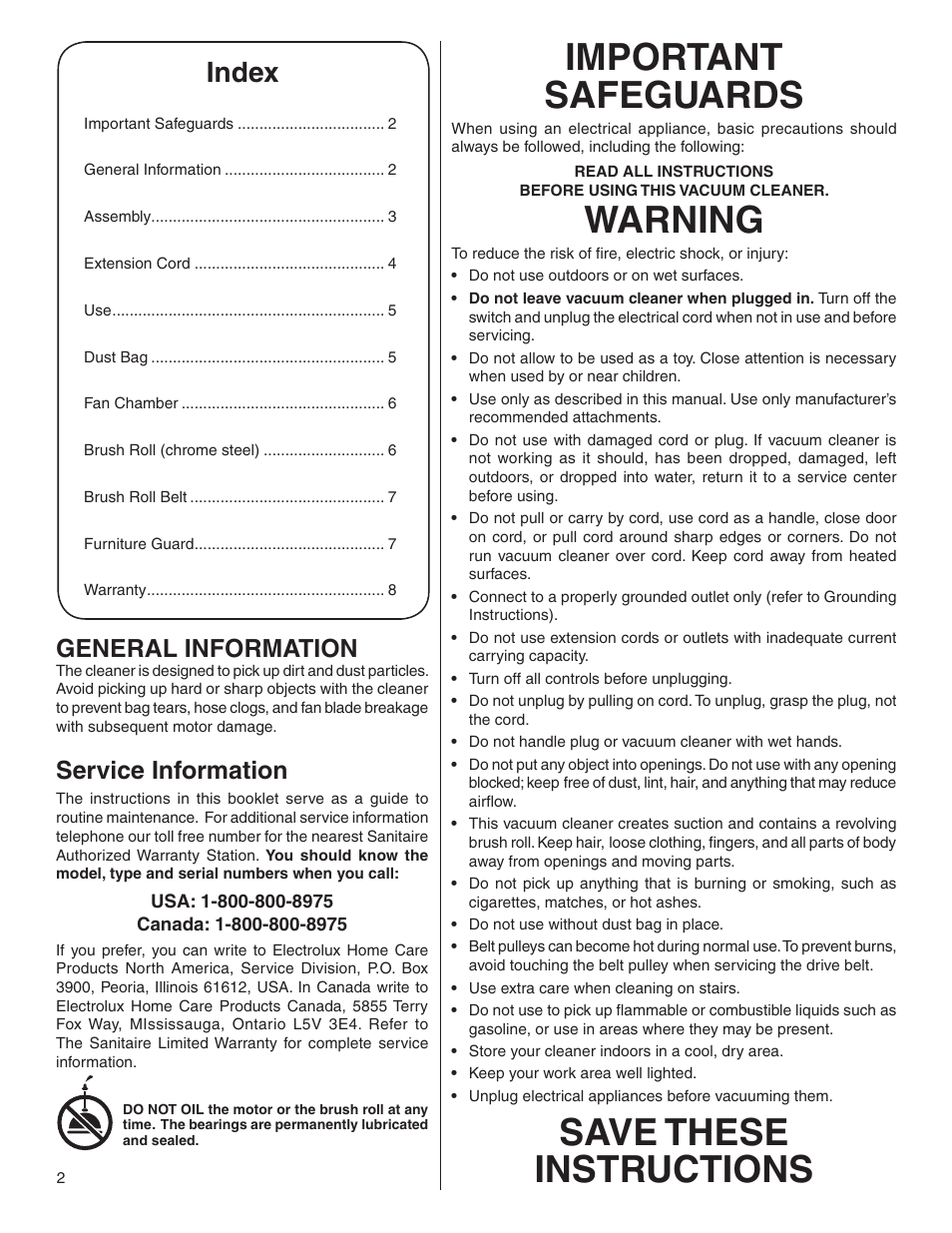 Important safeguards, Warning, Save these instructions | Index, General information, Service information | Sanitaire 880 User Manual | Page 2 / 24