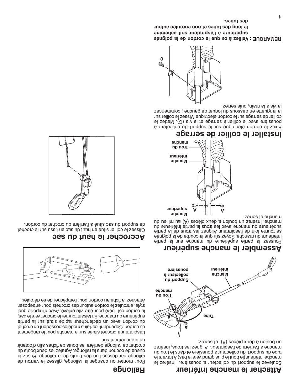 Assembler le manc he supérieur, Attacher le manc he inférieur, Installer le collier de serrag e | Ral lon ge, Accroc her le haut du sac | Sanitaire 880 User Manual | Page 21 / 24