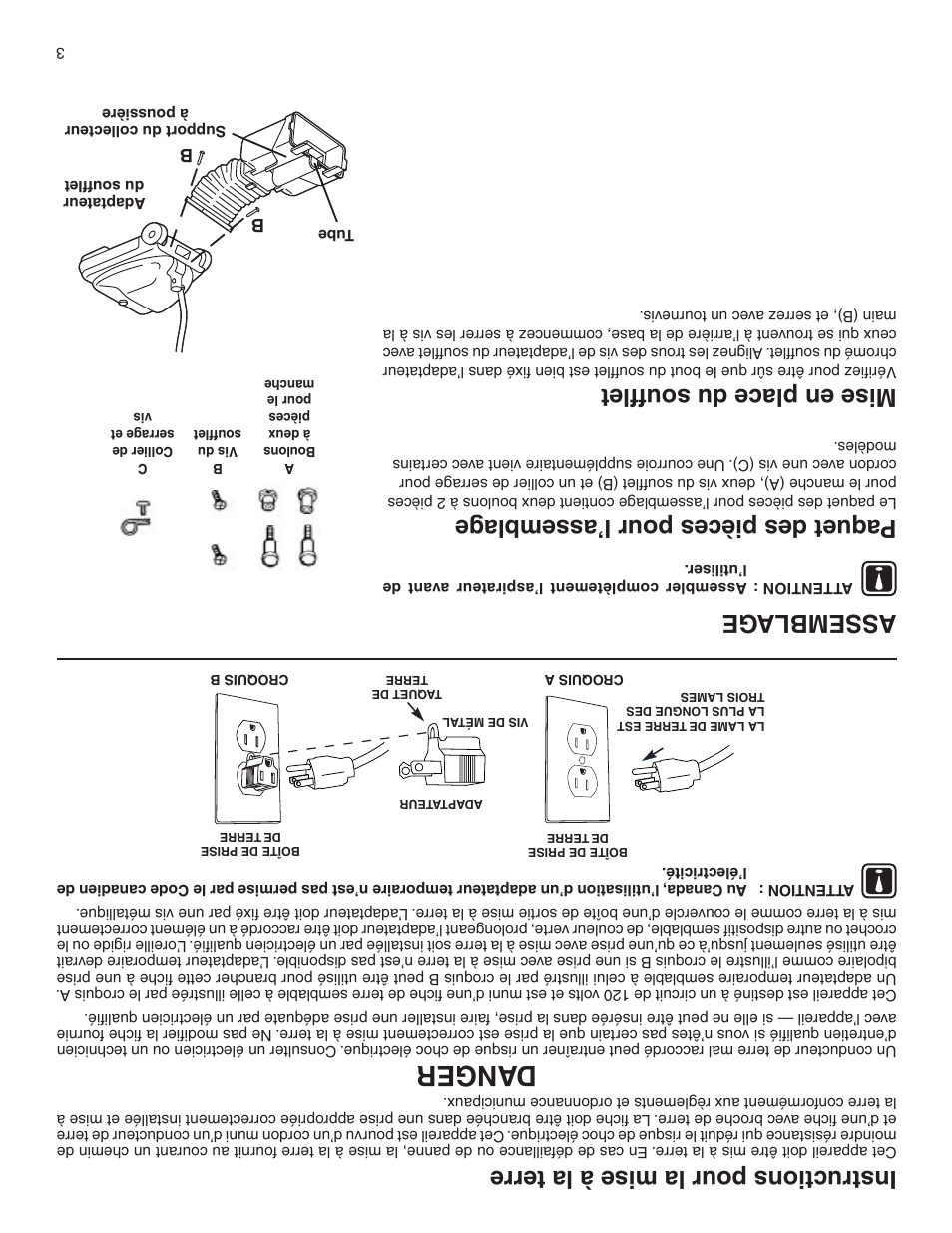 Danger, Instructions pour la mise à la terre, Assemblage | Paquet des pi èces pour l ’assemb lag e, Mise en place du soufﬂet | Sanitaire 880 User Manual | Page 22 / 24