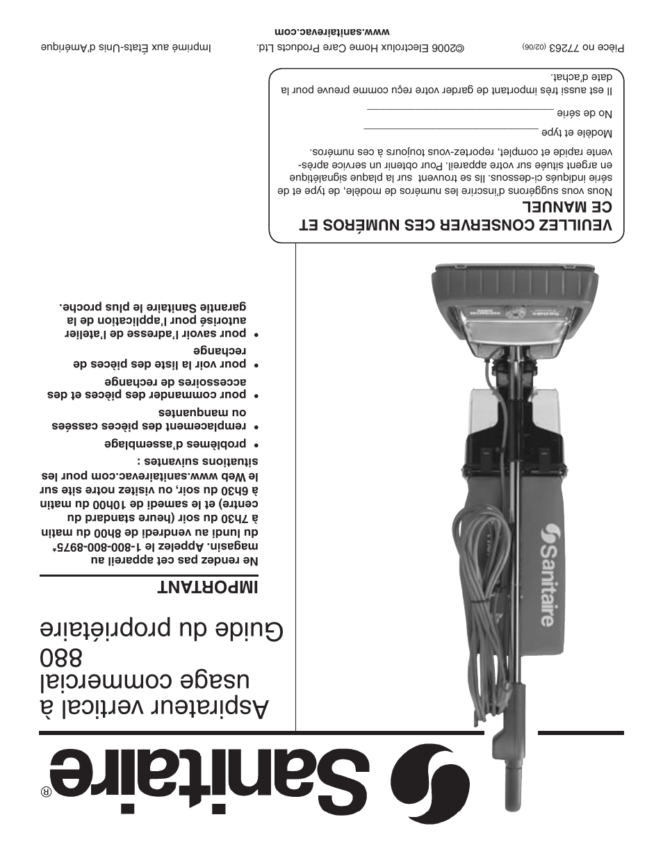 Important | Sanitaire 880 User Manual | Page 24 / 24