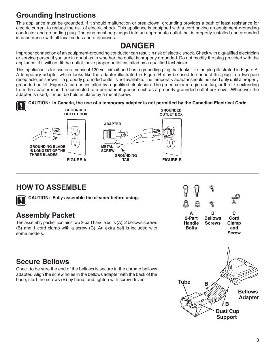 Danger, Grounding instructions, How to assemble | Assembly packet, Secure bellows | Sanitaire 880 User Manual | Page 3 / 24