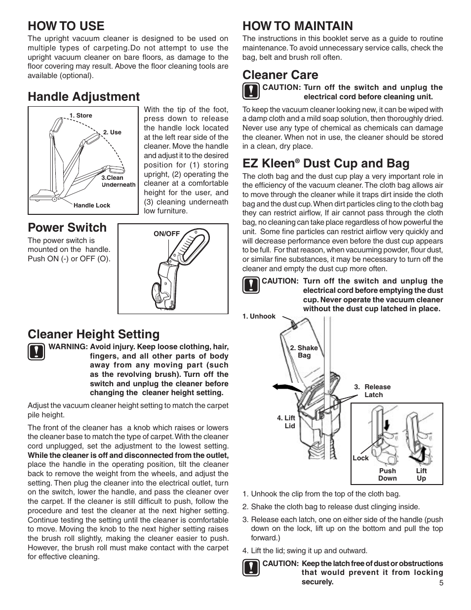 How to use, Handle adjustment, Power switch | Cleaner height setting, How to maintain, Cleaner care, Ez kleen, Dust cup and bag, 001 assembled | Sanitaire 880 User Manual | Page 5 / 24