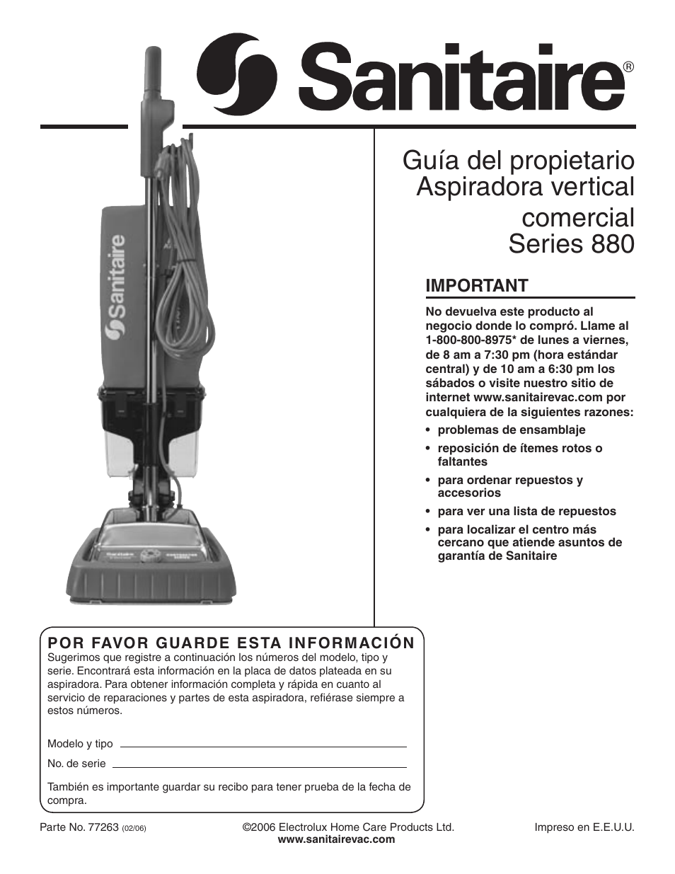 Important | Sanitaire 880 User Manual | Page 9 / 24