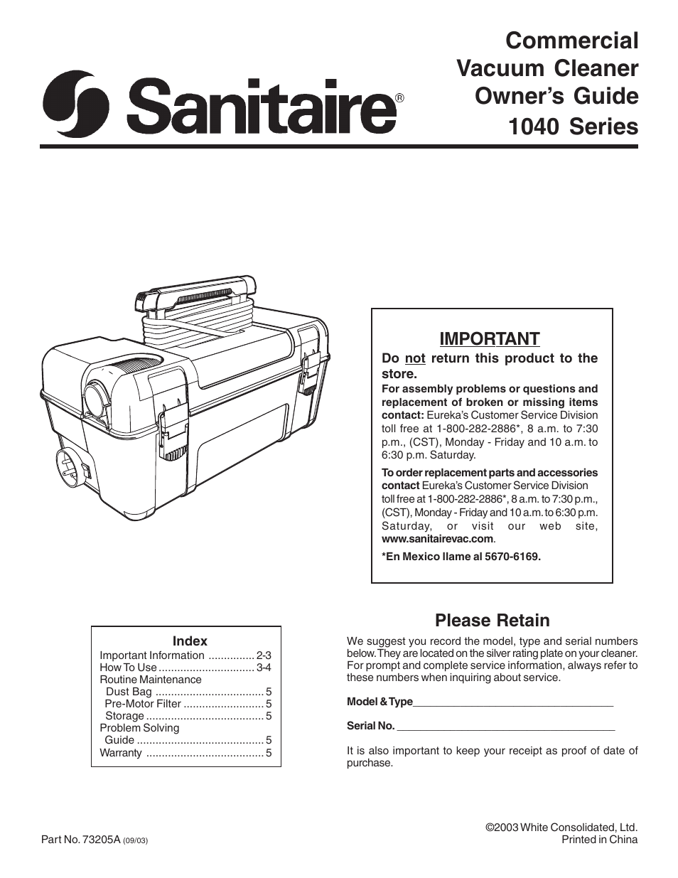 Sanitaire 1040 User Manual | 8 pages