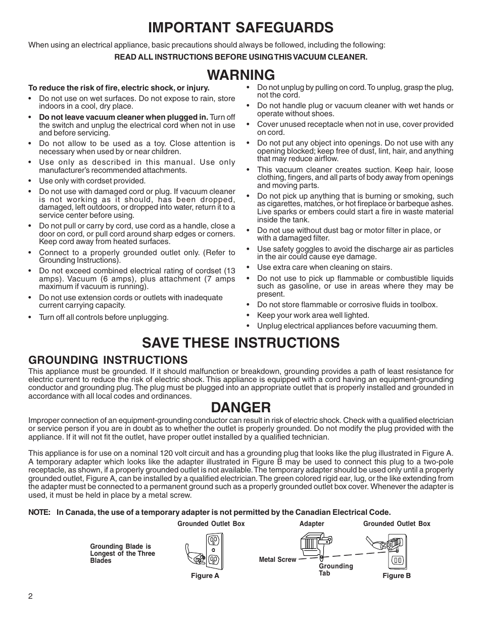 Important safeguards, Warning save these instructions, Danger | Grounding instructions | Sanitaire 1040 User Manual | Page 2 / 8