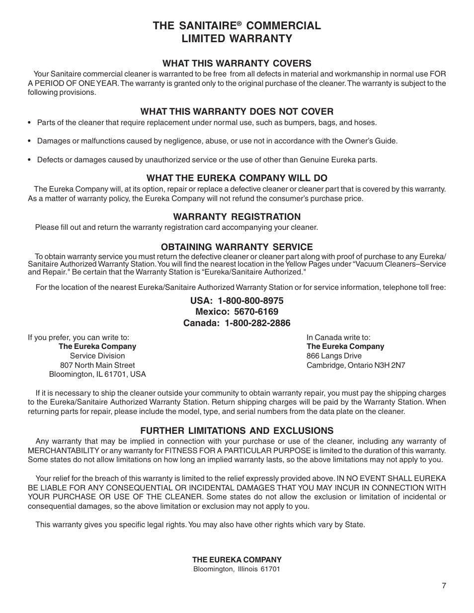 The sanitaire, Commercial limited warranty | Sanitaire 1040 User Manual | Page 7 / 8