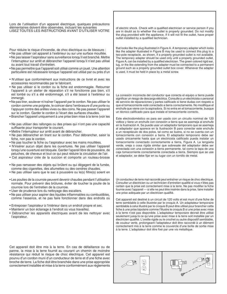 Danger, Peligro, Conservez ces instructions | Conseils de sécurité, Avertissement, Instructions pour la mise à la terre | Sanitaire 9050 User Manual | Page 3 / 8