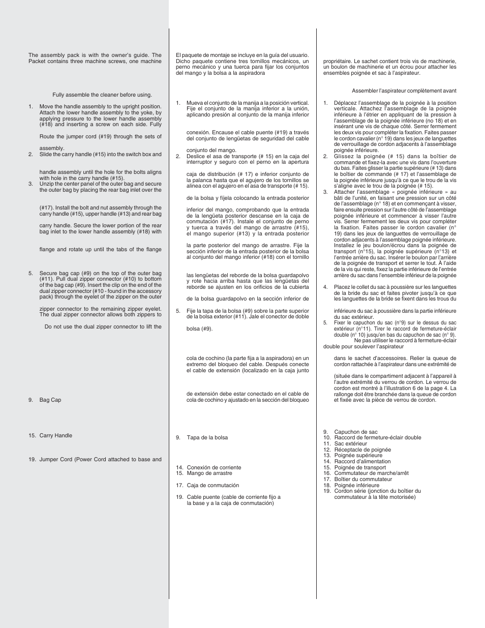 English, Español, Francais | Assembly packet, Assembly, Features, Paquete de montaje, Montaje, Características, Sachet d’assemblage | Sanitaire 9050 User Manual | Page 5 / 8