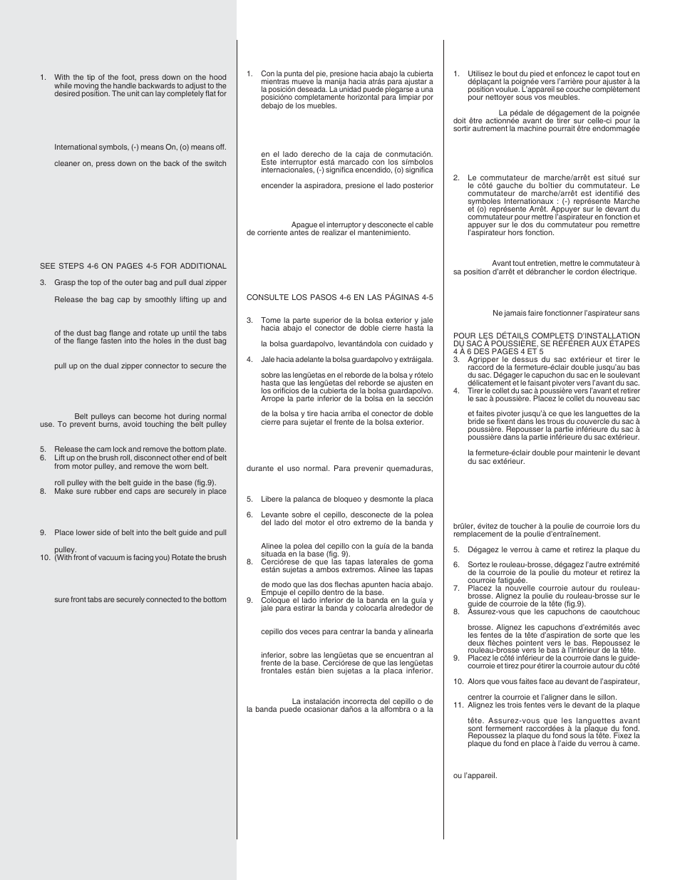English, Español, Francais | Handle adjustment, Power switch, Maintenance, Changing the dust bag, How to replace a worn belt or brushroll, Ajuste del mango, Interruptor de encendido/apagado | Sanitaire 9050 User Manual | Page 7 / 8