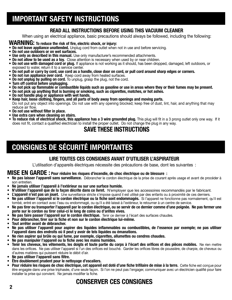 Save these instructions, Conserver ces consignes, Warning | Mise en garde | Sanitaire SC6600 User Manual | Page 2 / 20