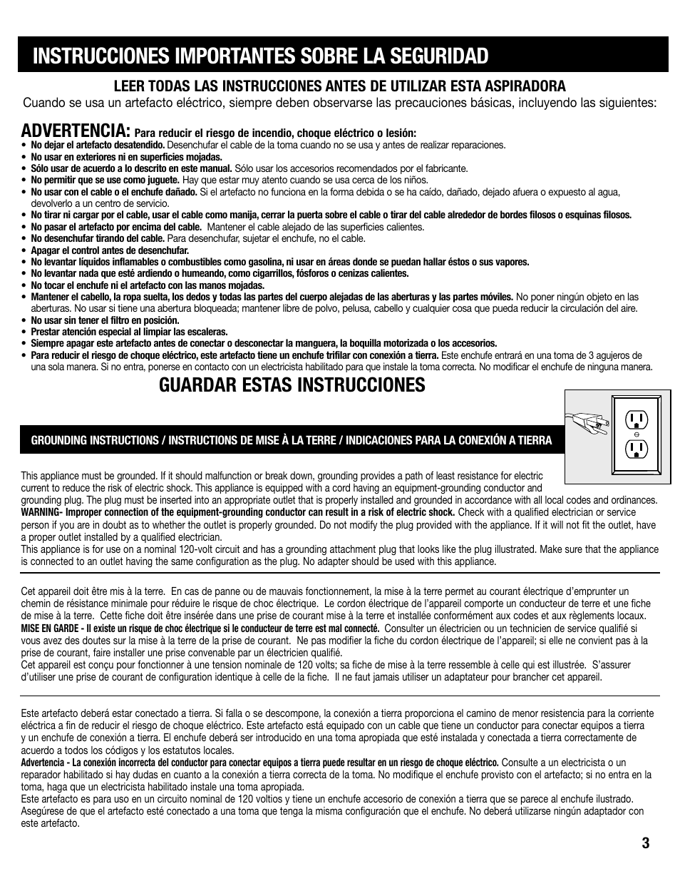 Instrucciones importantes sobre la seguridad, Guardar estas instrucciones, Advertencia | Sanitaire SC6600 User Manual | Page 3 / 20