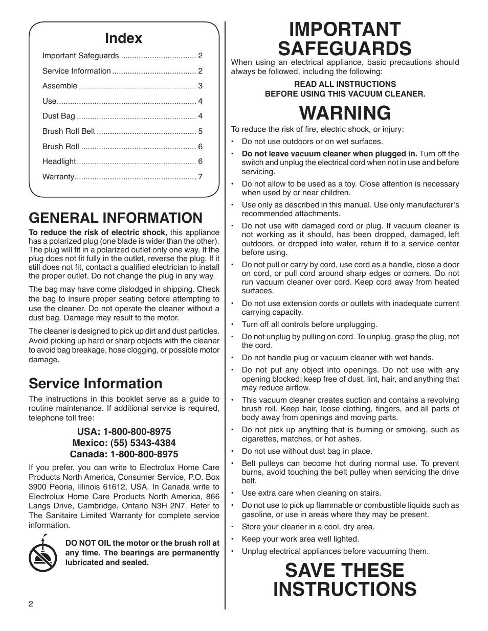 Important safeguards, Warning, Save these instructions | Index, General information, Service information | Sanitaire S647 Series User Manual | Page 2 / 7