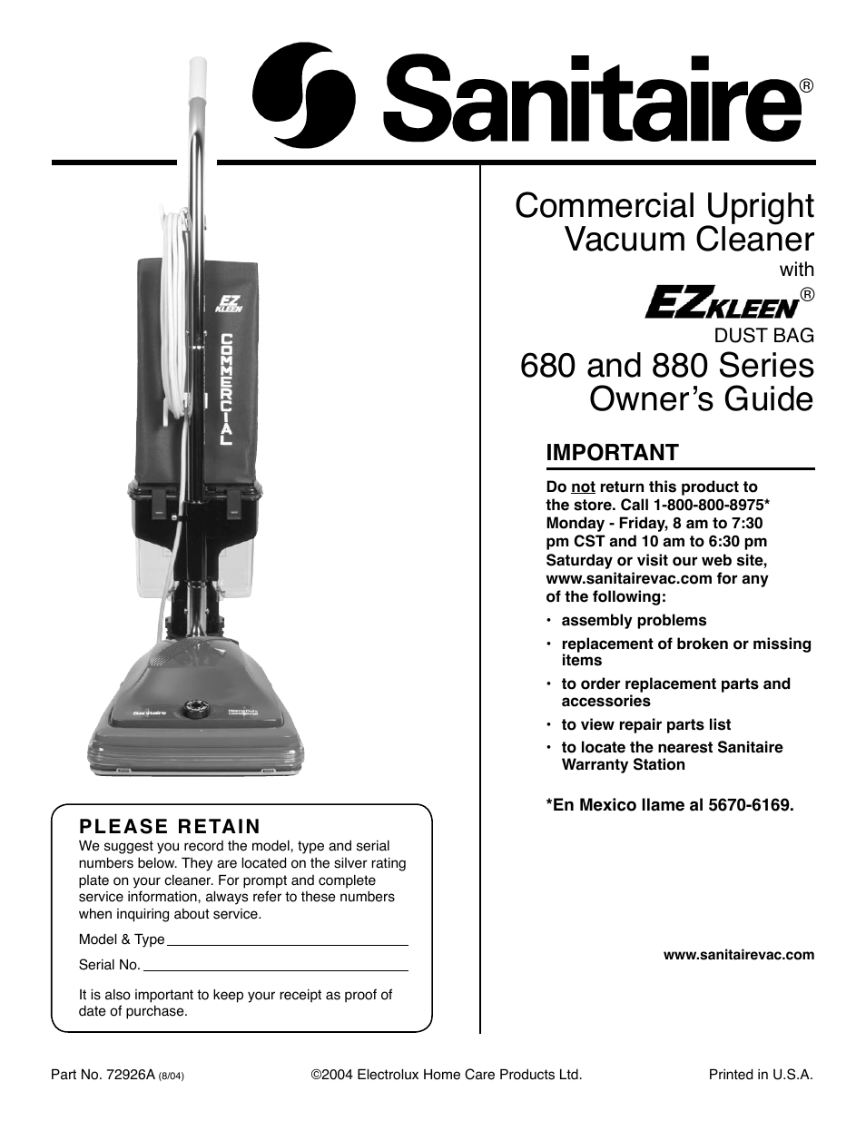 Sanitaire 880 Series User Manual | 8 pages