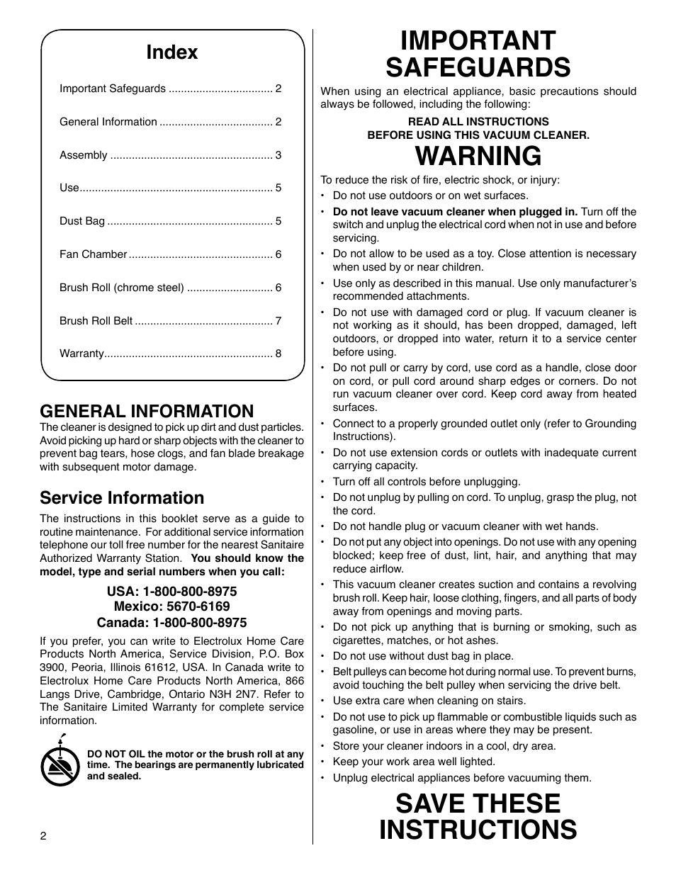 Important safeguards, Warning, Save these instructions | Index, General information, Service information | Sanitaire 880 Series User Manual | Page 2 / 8