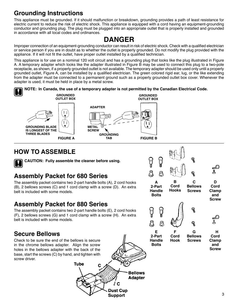 Danger, Grounding instructions, How to assemble | Assembly packet for 680 series, Assembly packet for 880 series, Secure bellows | Sanitaire 880 Series User Manual | Page 3 / 8