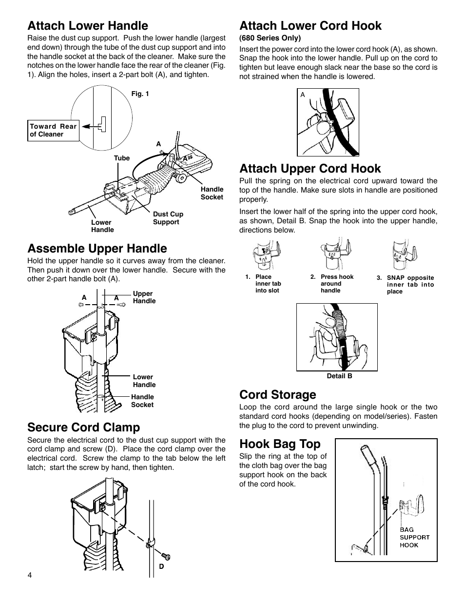 Assemble upper handle, Attach lower handle, Secure cord clamp | Attach upper cord hook, Cord storage, Hook bag top, Attach lower cord hook | Sanitaire 880 Series User Manual | Page 4 / 8