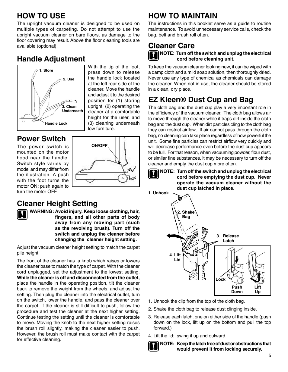 How to use, Handle adjustment, Power switch | Cleaner height setting, How to maintain, Cleaner care, Ez kleen® dust cup and bag | Sanitaire 880 Series User Manual | Page 5 / 8