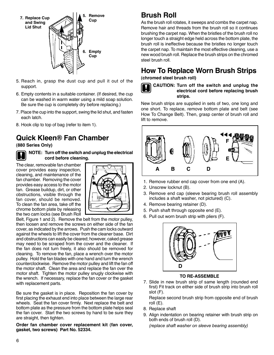 Quick kleen® fan chamber, How to replace worn brush strips, Brush roll | Sanitaire 880 Series User Manual | Page 6 / 8