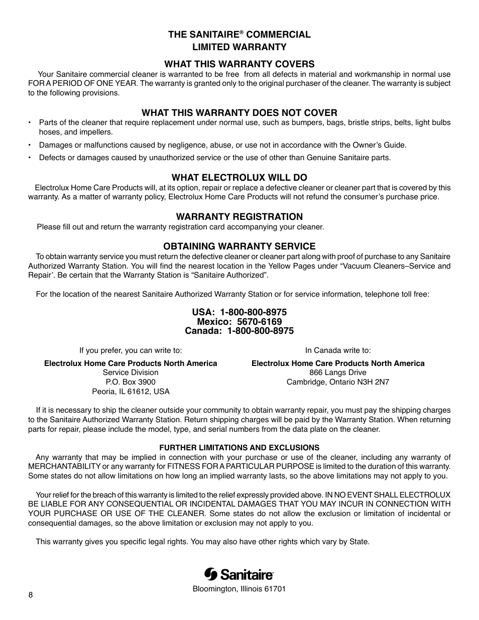 Sanitaire 880 Series User Manual | Page 8 / 8
